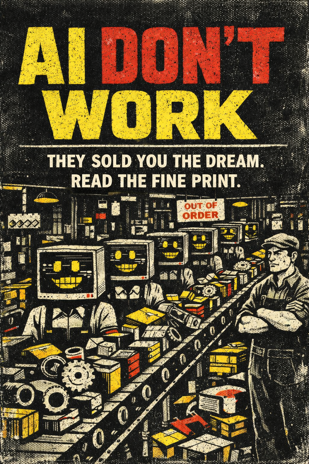 AI DON'T WORK — factory floor illustration with broken assembly line, smiley-face screen robots, and a human worker with crossed arms watching it fail. Text reads: THEY SOLD YOU THE DREAM. READ THE FINE PRINT.
